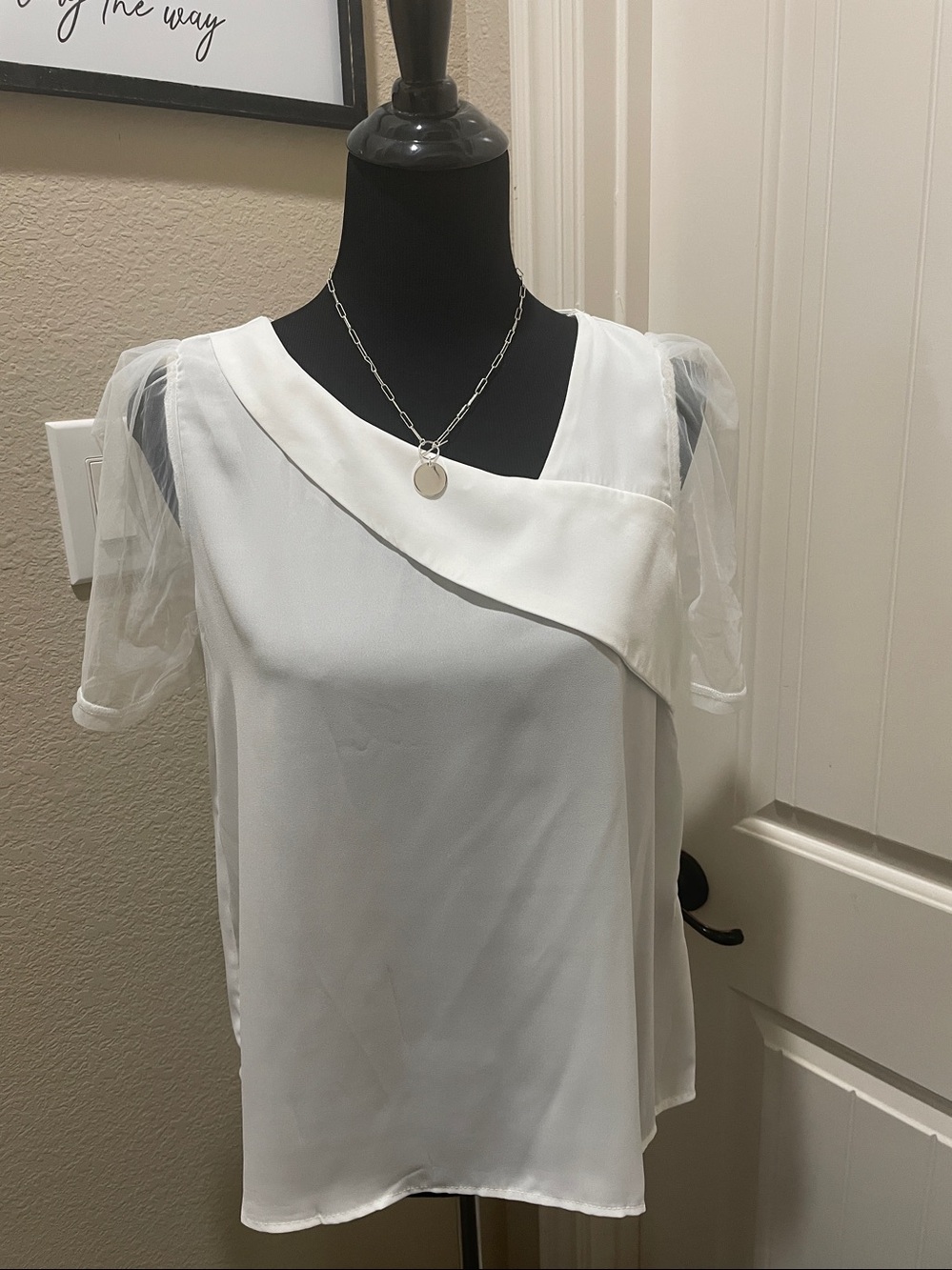 Elegant White Puff Sleeve Asymmetrical Neck Blouse